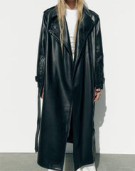 Fall with Belt Black Faux Leather Trench Coat