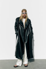 Fall with Belt Black Faux Leather Trench Coat