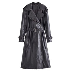 Fall with Belt Black Faux Leather Trench Coat