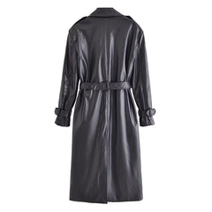 Fall with Belt Black Faux Leather Trench Coat