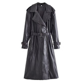 Fall with Belt Black Faux Leather Trench Coat