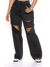Schwarz Grau High Waist Zerrissene Jeans Baggy Gerade Hose