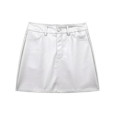 Silver Faux Leather Mini Skirts High Waist Skirt Lady Short White