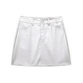 Silver Faux Leather Mini Skirts High Waist Skirt Lady Short White