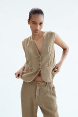 V neck Strap Decorative Vest High Waist Casual Pants Suit