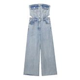 Combinaison pantalon en jean avec haut tube slim et découpes aux épaules dénudées et taille serrée