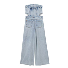 Hollow Out Cutout out Shoulder Baring Tight Waist Slim Fit Tube Top Denim Jumpsuit Trousers