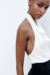 Summer' Halter Silk Satin Texture Backless Short Small Top
