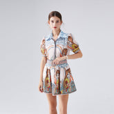 Ensemble deux pièces à manches courtes, chemise imprimée en soie et lin, jupe courte