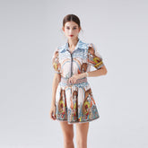 Two Piece Set Short Sleeved Positioning Printed Silk Linen Shirt Short Skirt