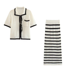 Classic Stripes Knitted Cardigan Top Skirt Sets