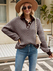 Gestreifter Pullover Langarmpullover mit Farbnähten und Umschlagkragen