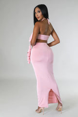 Wrapped Chest Halter Ruffled Top Bare Cropped High Waist Split Dress Two-Piece Set 3D Decoration