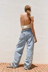 Jean taille haute plissé avec ceinture