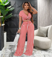 Zweiteiliger gestreifter bedruckter zweiteiliger Anzug Kurzarm V-Ausschnitt Lose