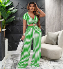 Zweiteiliger gestreifter bedruckter zweiteiliger Anzug Kurzarm V-Ausschnitt Lose