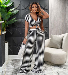 Zweiteiliger gestreifter bedruckter zweiteiliger Anzug Kurzarm V-Ausschnitt Lose