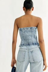 Casual All Matching Cropped Outfit Hollow Out Cutout out Shoulder-Baring Tube Top Denim Jumpsuit