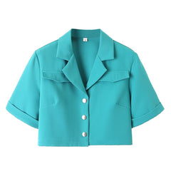 Ensemble deux pièces décontracté avec haut à col et manches courtes et short taille haute de couleur unie