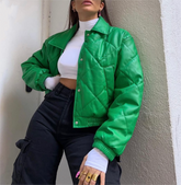 Grüner Kunstleder-Baumwoll-gepolsterter Mantel Polokragen Plaid Baumwollmantel Jacke Strickjacke