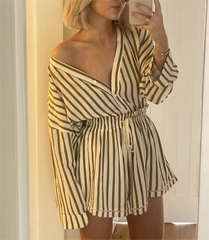 Beige Stripes Top Short Two Piece Set