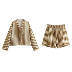Beige Stripes Top Short Two Piece Set