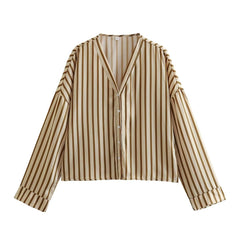 Beige Stripes Top Short Two Piece Set