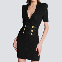 High Quality Knitted Fabric V neck Slim Slimming Short Sleeve Dress