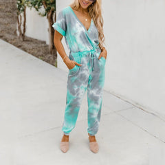 Tie Dyed Printed V Neck Short Sleeved Casual Jumpsuit