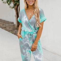 Tie Dyed Printed V Neck Short Sleeved Casual Jumpsuit