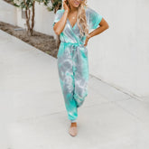 Tie Dyed Printed V Neck Short Sleeved Casual Jumpsuit