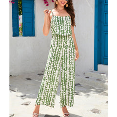 Cotton Printed High Waist Camisole Wide Leg Pants Sanya Beach Vacation Pants