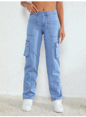 High Waist Jeans Straight Leg Pants Loose Elastic Big Workwear Pocket Jeans