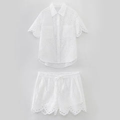 Casual Hollow Out Cutout Embroidered Shirt Shorts Suit