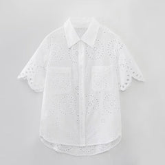 Casual Hollow Out Cutout Embroidered Shirt Shorts Suit