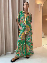 Urlaubsstil Revers Lose Print Shirt TaillebStraight Hosen Set