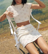 Ensemble haut et jupe taille haute en tricot de perles artificielles