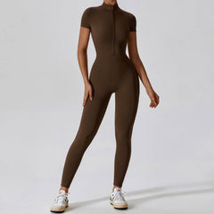 Reißverschluss Kurzarm Nude Feel Yoga Jumpsuit Oberbekleidung Fitness Sport Einteilige Strumpfhose