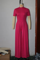 Solid Color Short Sleeve Rompers Wide Leg Pants Two Piece Set