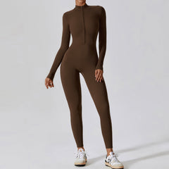 Reißverschluss Nude Feel Langarm Yoga Jumpsuit Hochfeste Fitness Einteilige Strumpfhose