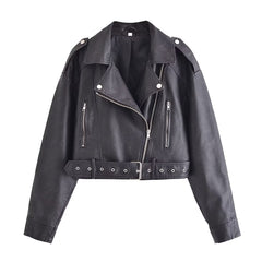 Zipper Ornament Motorcycle Leather Coat Black Leather Jacket Coat