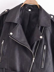 Zipper Ornament Motorcycle Leather Coat Black Leather Jacket Coat
