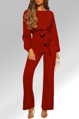 Solid Color Jumpsuit Pullover Long Sleeve Waist Wide Leg Pants
