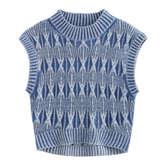 Washed Distressed Effect Short Knitted Sweater Vest Jacket Top