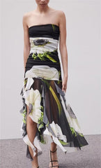 Printed Silk Net Tube Top Dress