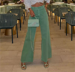 High Waist Solid Color Navy Straight Casual Denim Trousers