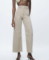 High Waist Solid Color Navy Straight Casual Denim Trousers