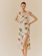 French Elegant Pastoral Printed High Slit Strap Dress Tube Top Mid Length Dress