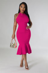 Slim Fit Backless Sleeveless Solid Color Dress