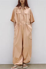 Solid Color Polo Collar Single Breasted Pocket Short Sleeve Long Pattern Shirt Jumpsuit
